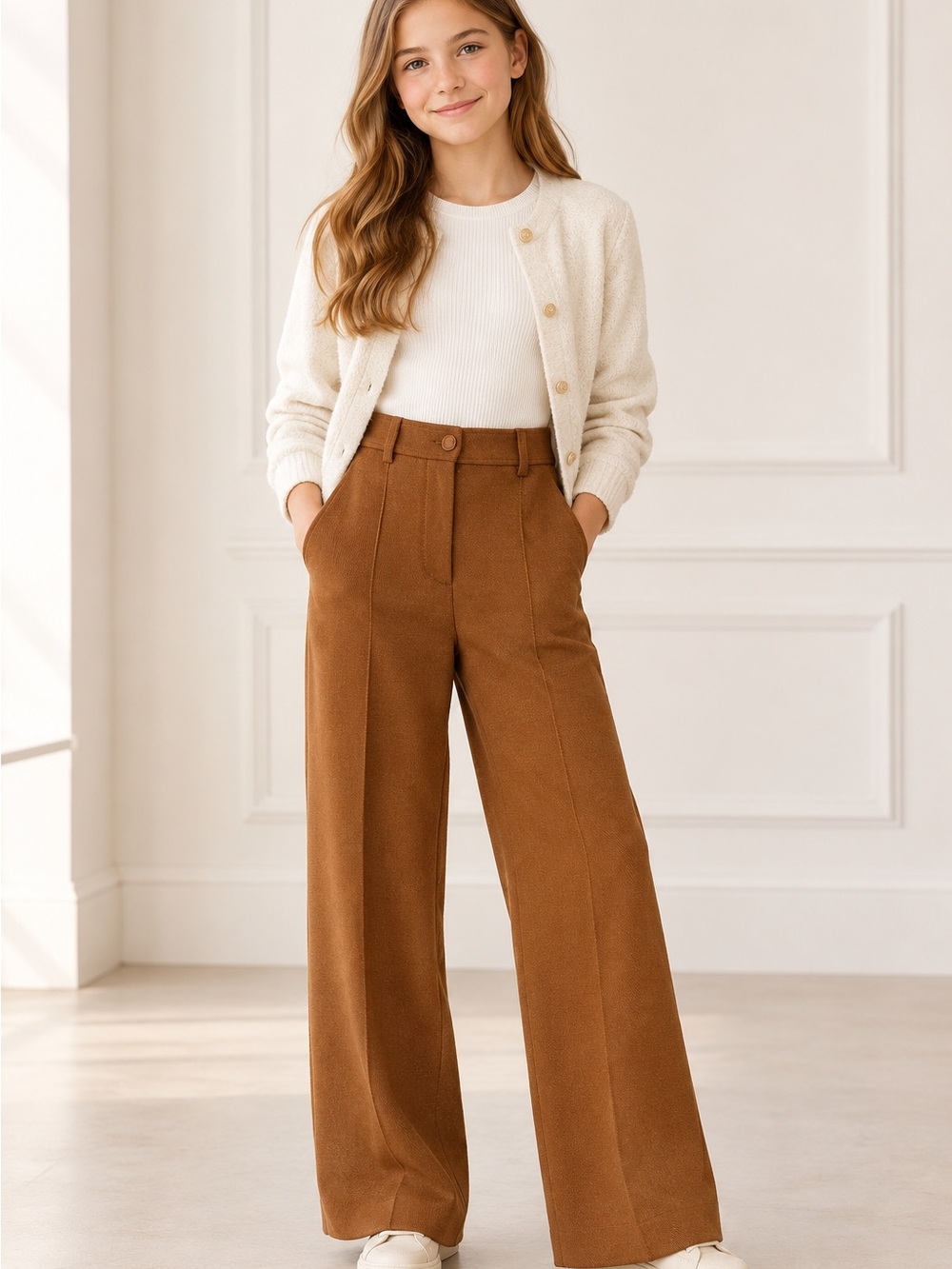 See By Chloe Wide-Leg High-Waist Pants in Chestnut